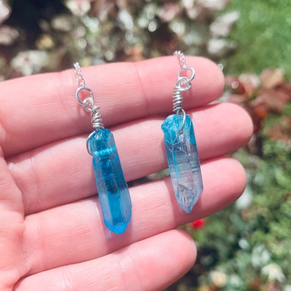 Aqua Quartz Crystal Dangle Earrings - Picture 5 of 6